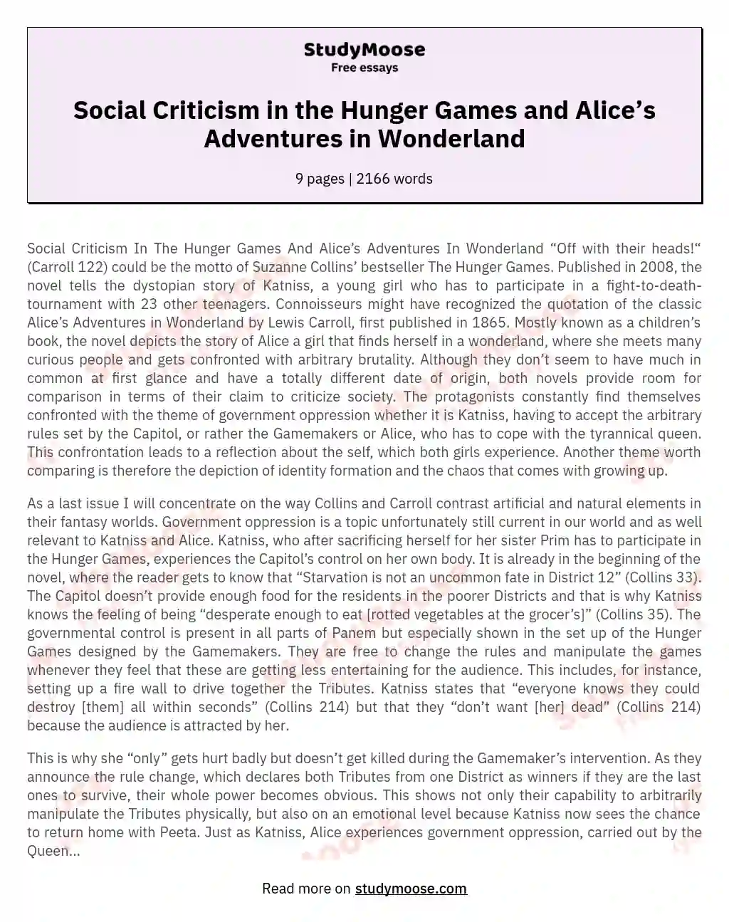 Social Criticism in the Hunger Games and Alice’s Adventures in Wonderland