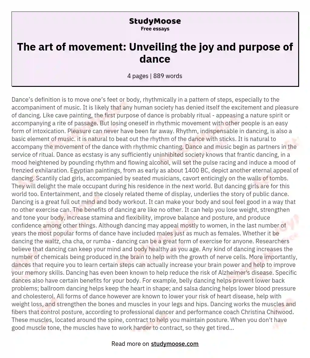 The art of movement: Unveiling the joy and purpose of dance essay