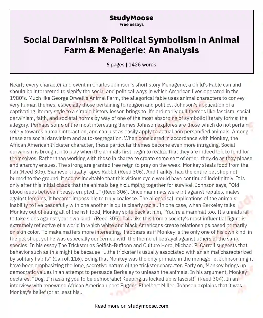 Social Darwinism, Auto-Segregation and Political Symbolism in George Orwell's Novel "Animal Farm" and Charles Johnson's "Menagerie, a Child Fable"