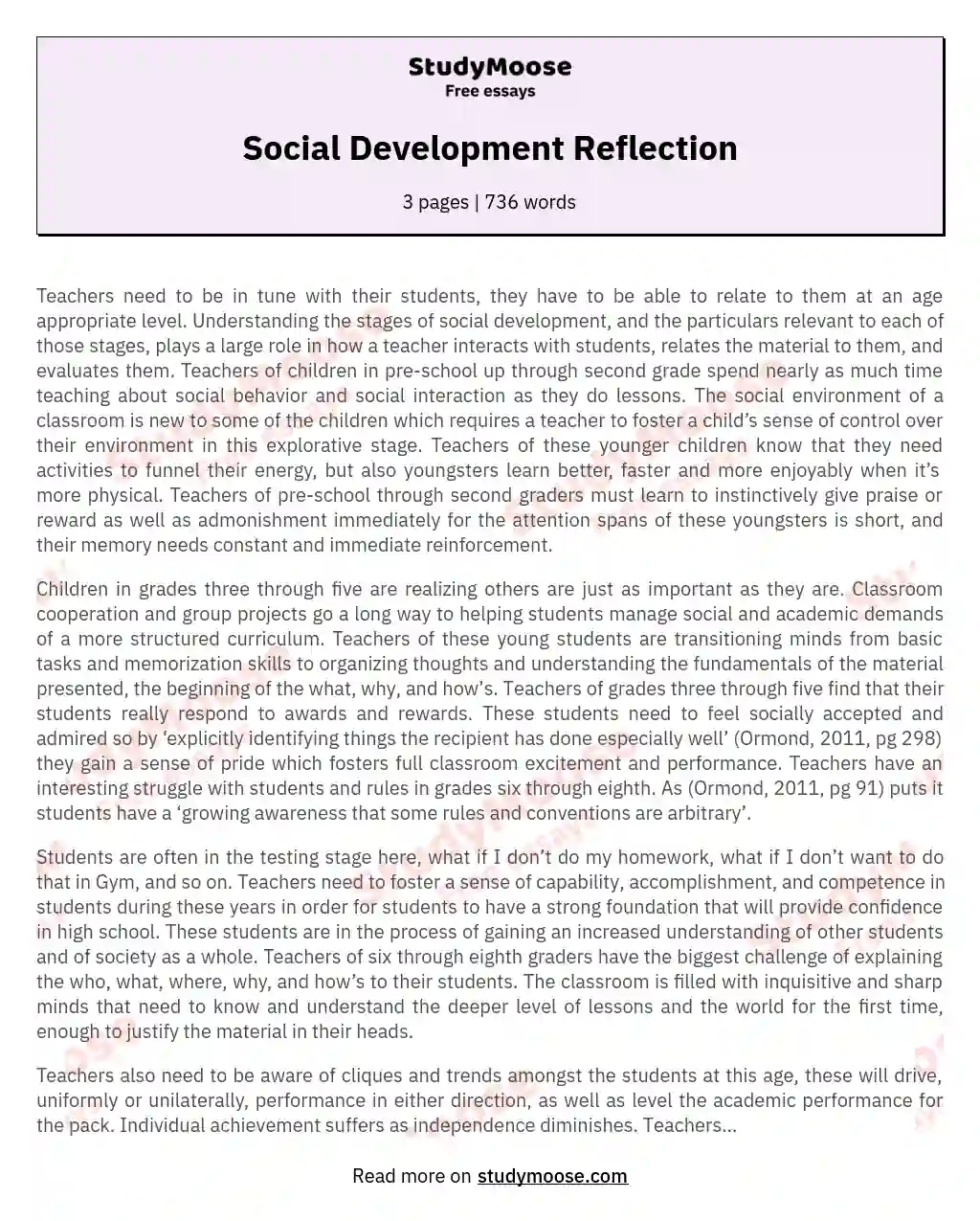 Social Development Reflection essay