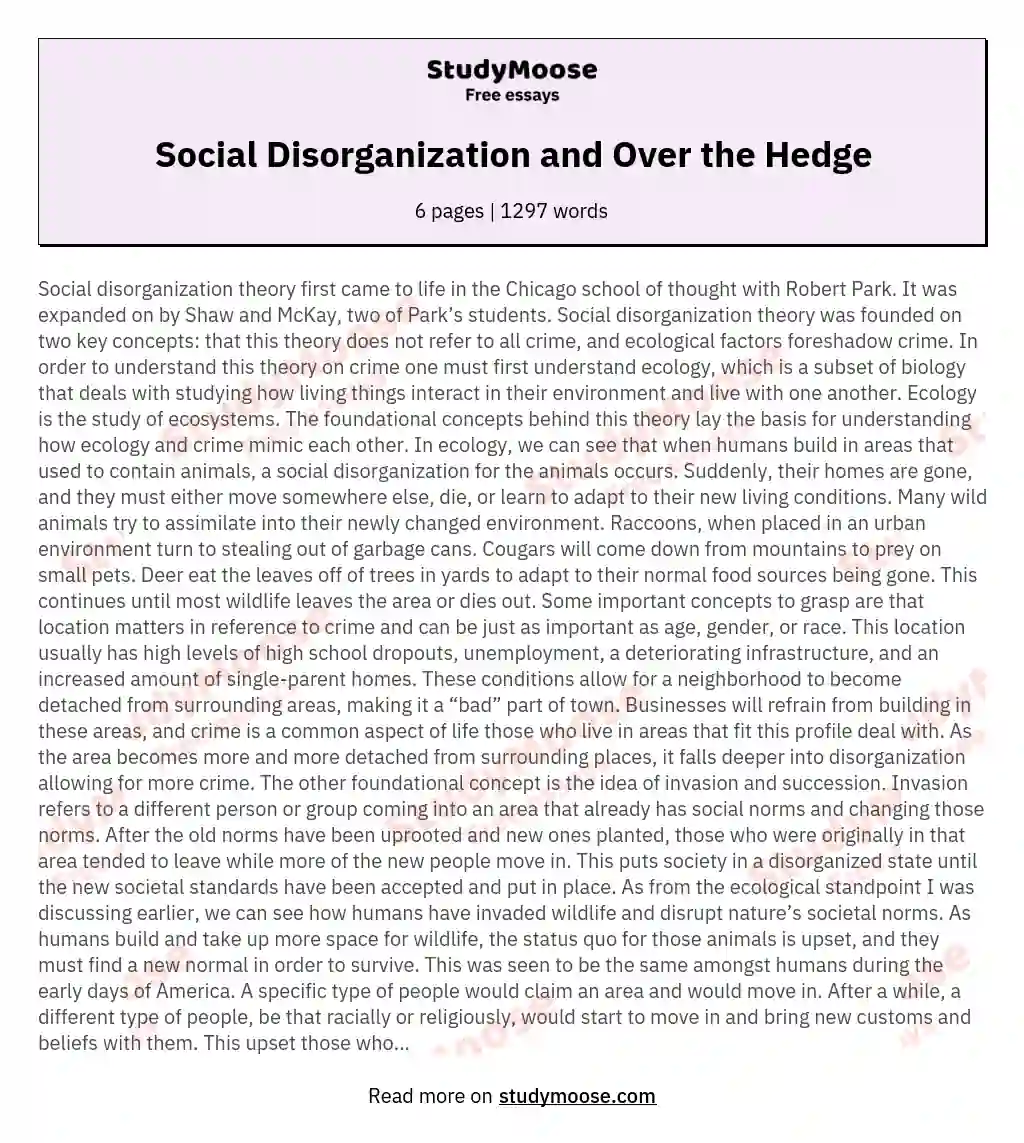 Social Disorganization and Over the Hedge essay