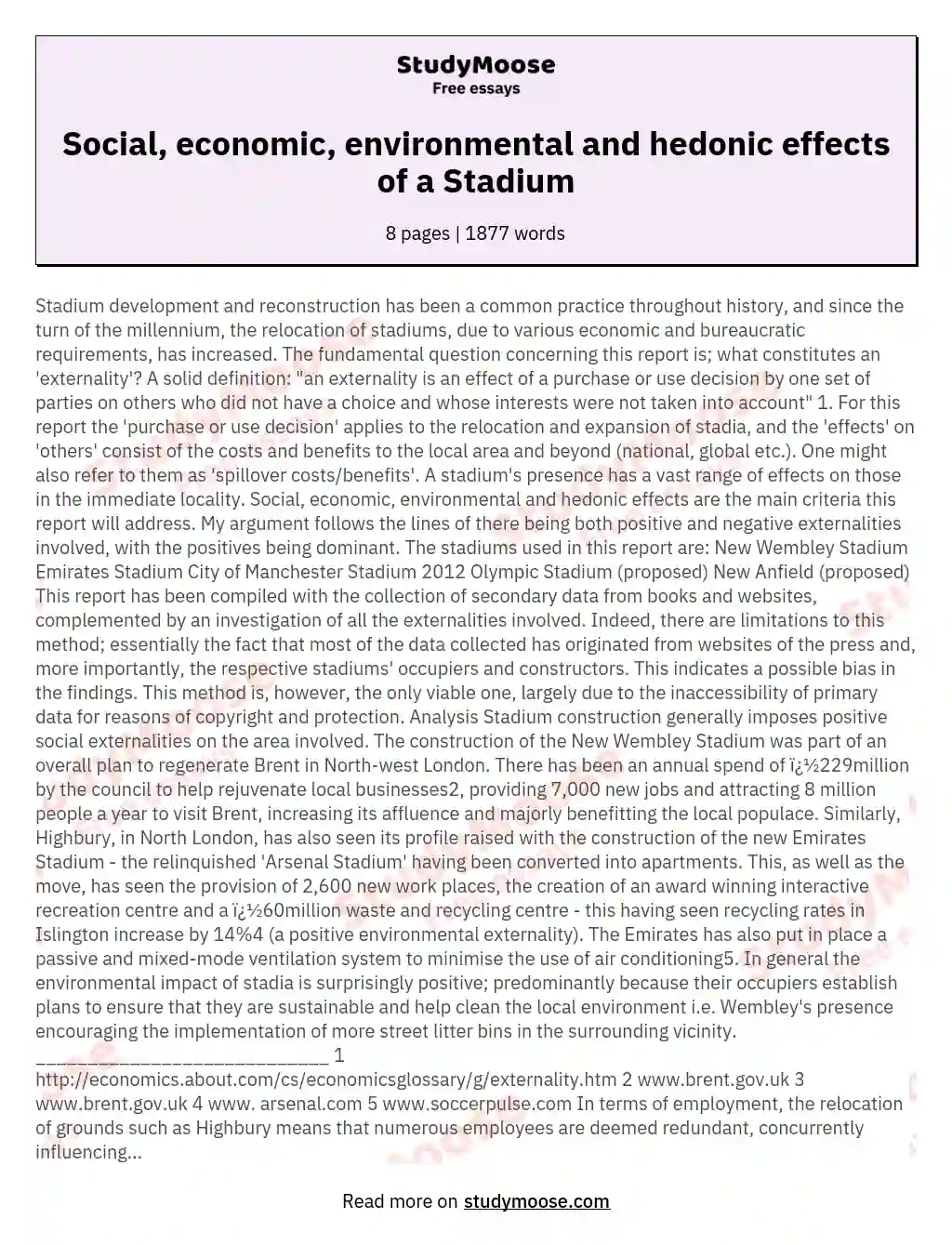 Social, economic, environmental and hedonic effects of a Stadium essay