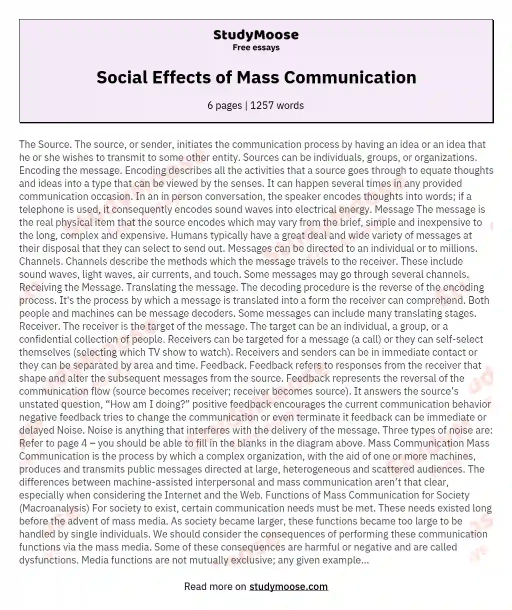 Social Effects of Mass Communication essay
