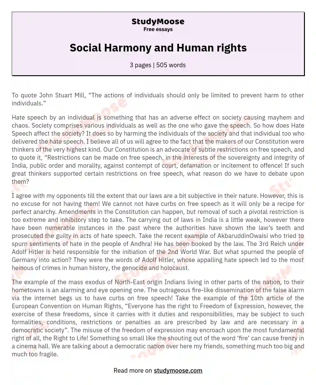 Social Harmony and Human rights essay