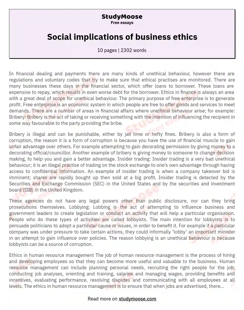 Social implications of business ethics essay
