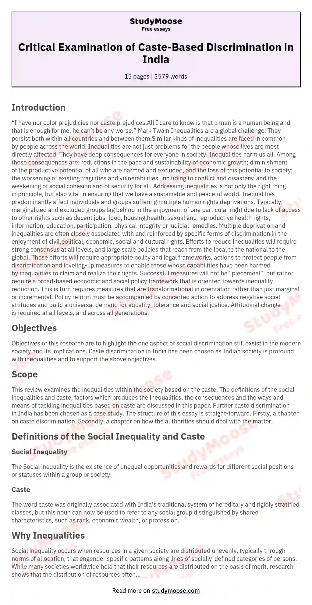 Critical Examination of Caste-Based Discrimination in India essay