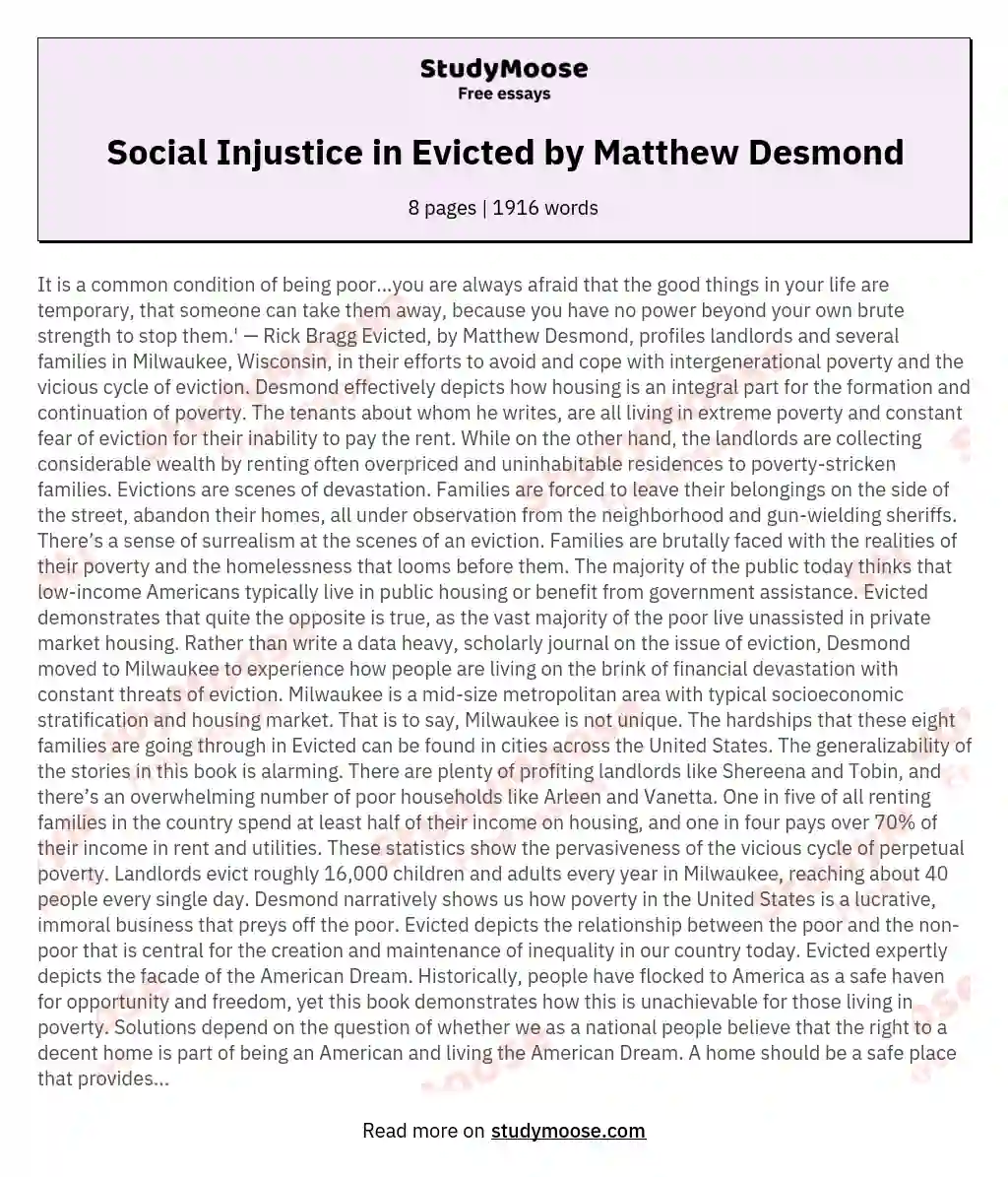 Social Injustice in Evicted by Matthew Desmond essay