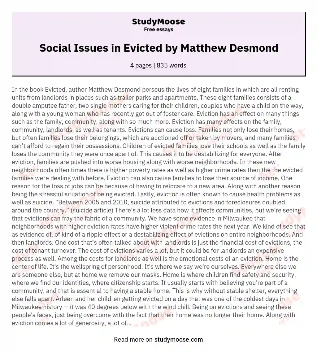 Social Issues in Evicted by Matthew Desmond essay