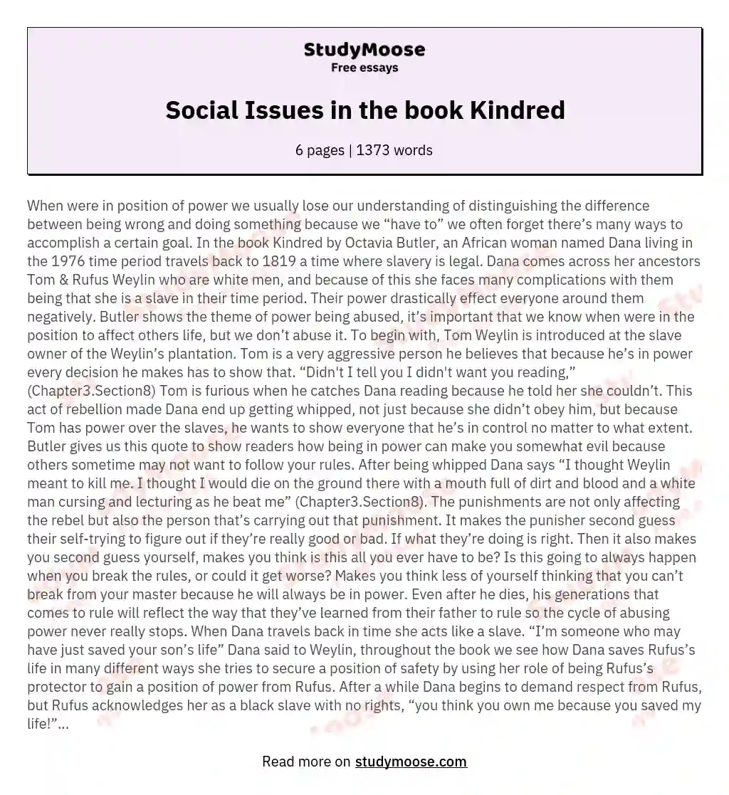 Social Issues in the book Kindred essay