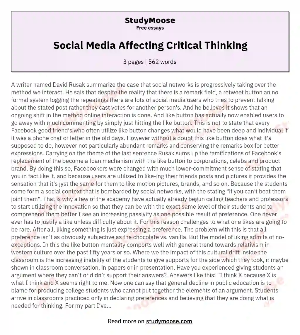 Social Media Affecting Critical Thinking essay