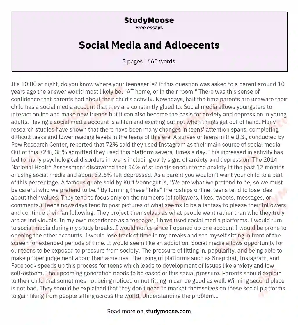 Social Media and Adloecents essay