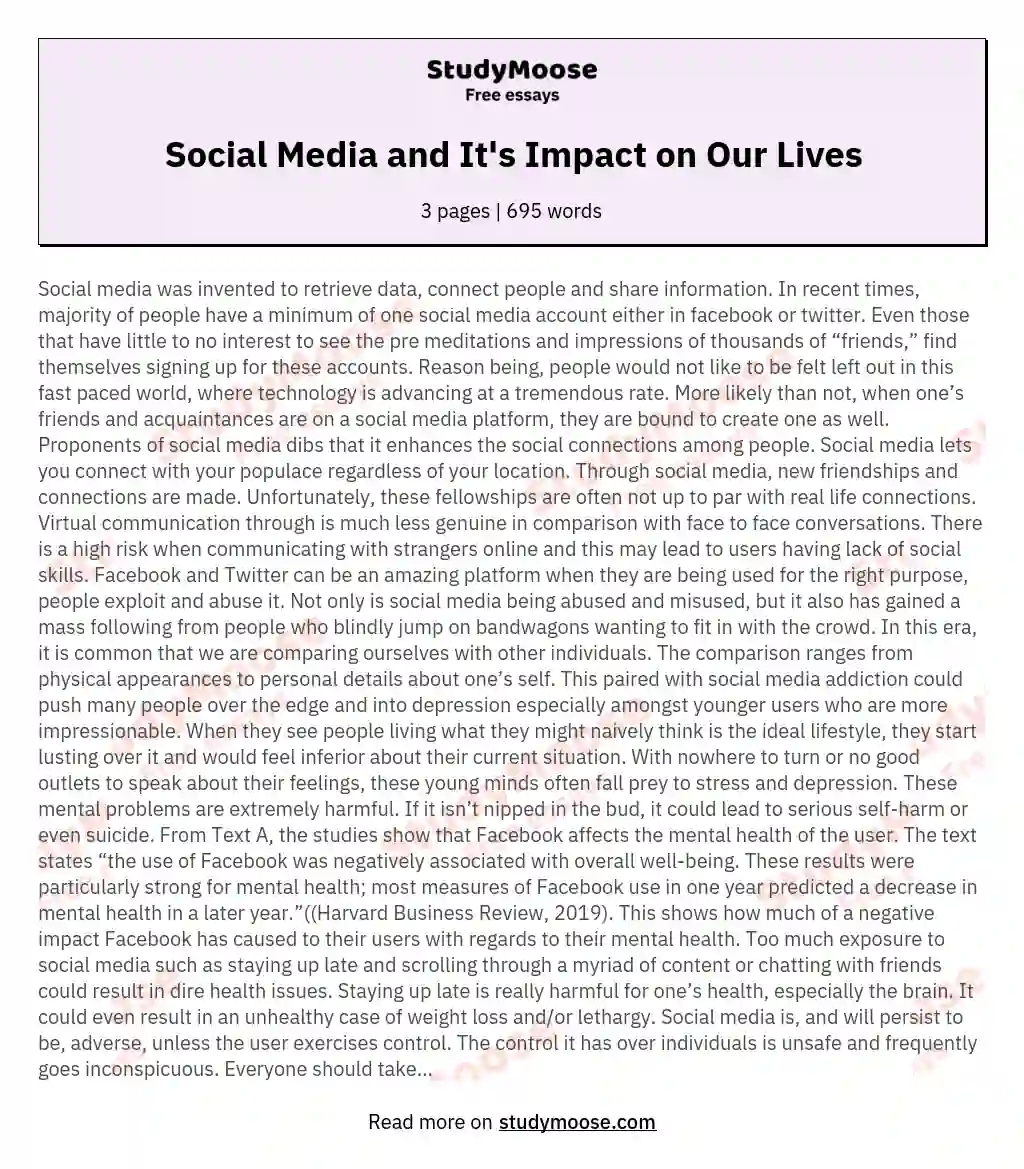 Social Media and It's Impact on Our Lives essay