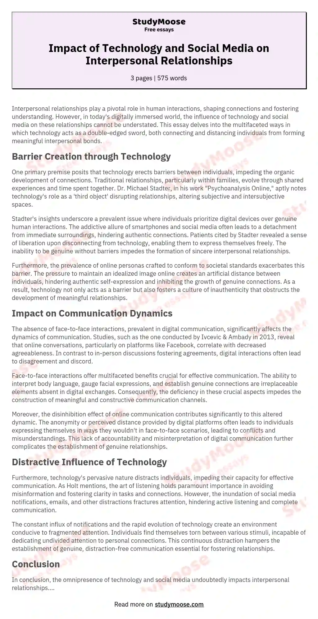 Impact of Technology and Social Media on Interpersonal Relationships essay