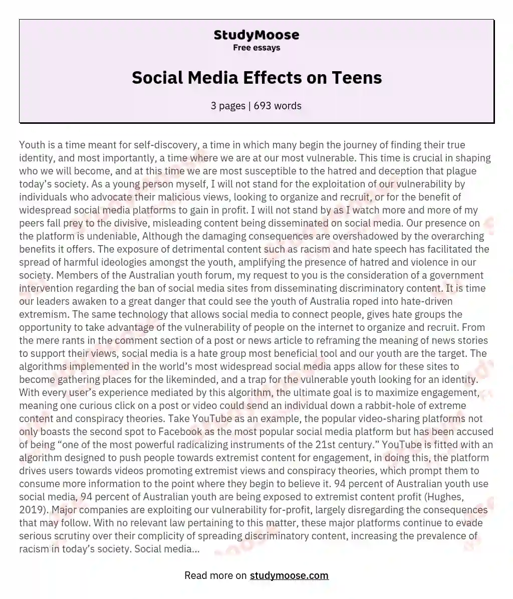 Social Media Effects on Teens essay