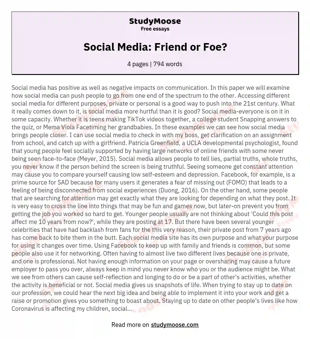 Social Media: Friend or Foe? essay