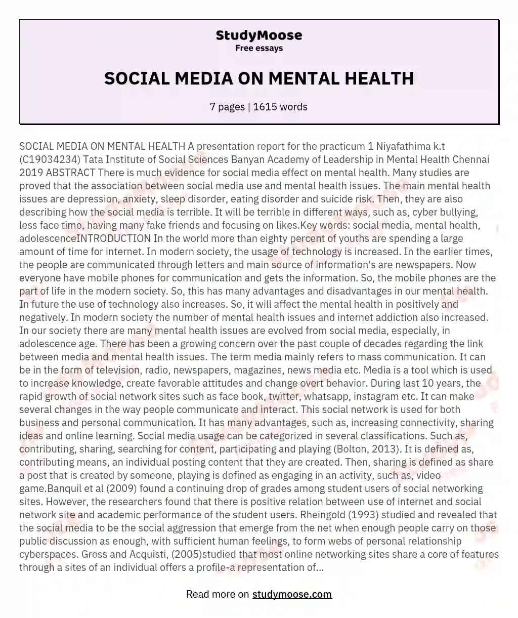 SOCIAL MEDIA ON MENTAL HEALTH essay