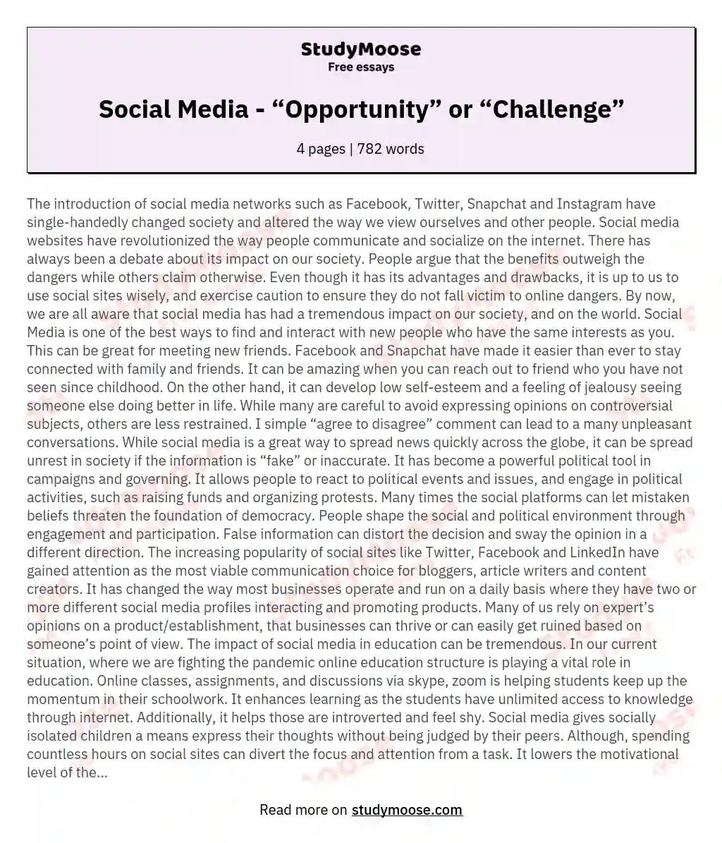 Social Media - “Opportunity” or “Challenge” essay