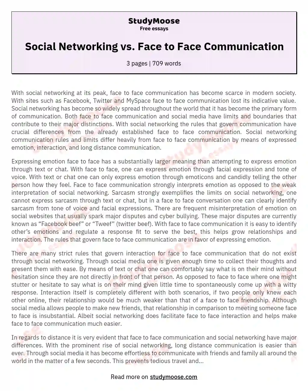 Social Networking vs. Face to Face Communication essay