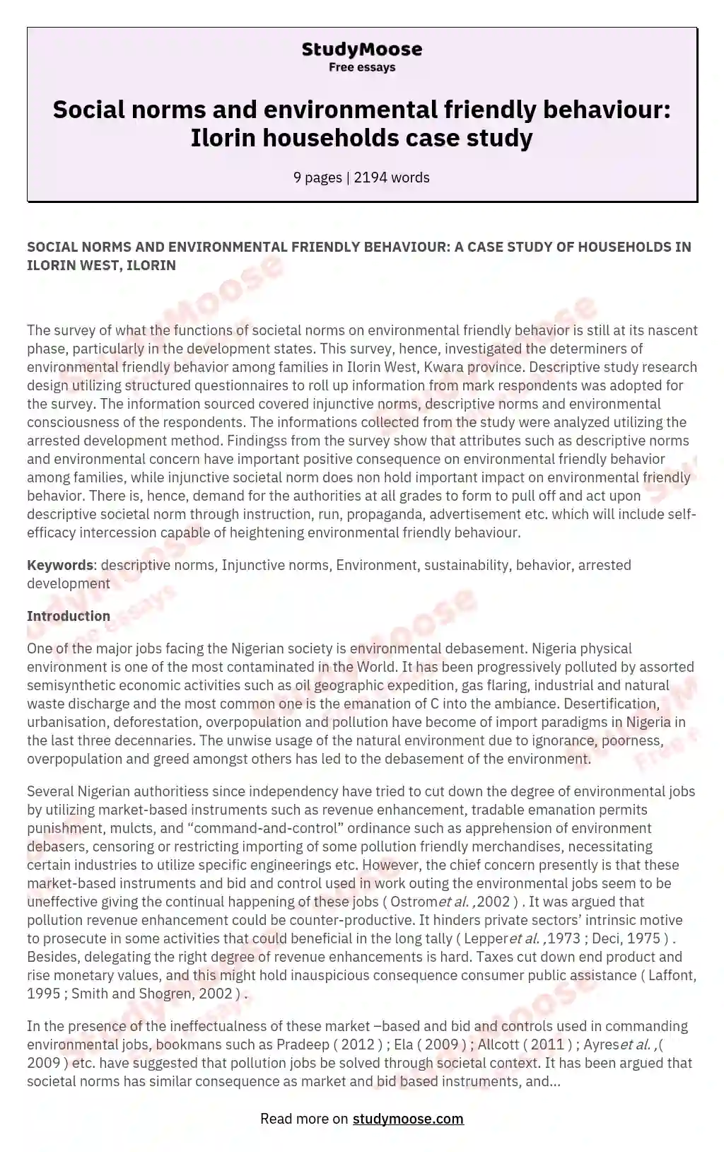 Social norms and environmental friendly behaviour: Ilorin households case study essay