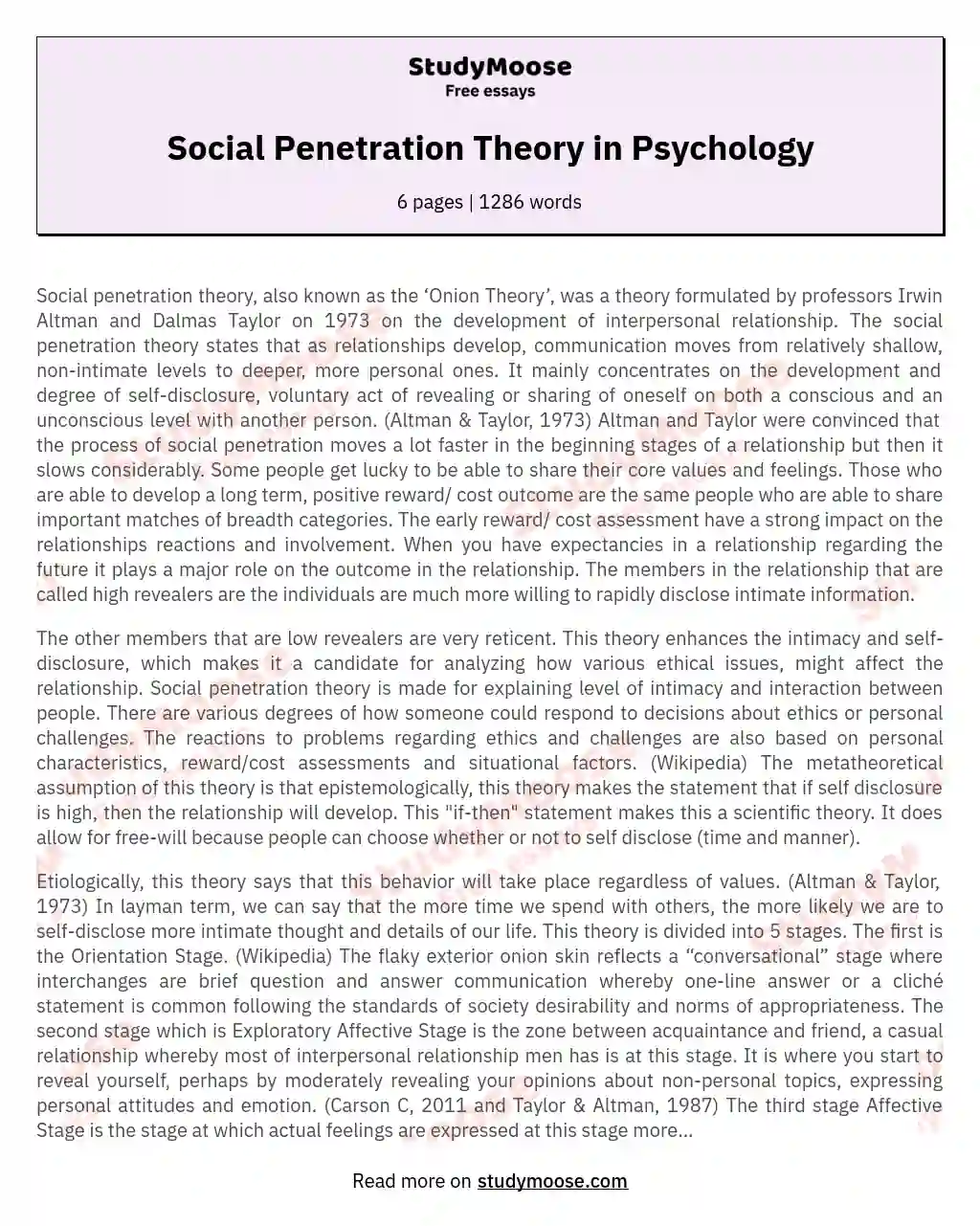 Social Penetration Theory in Psychology essay