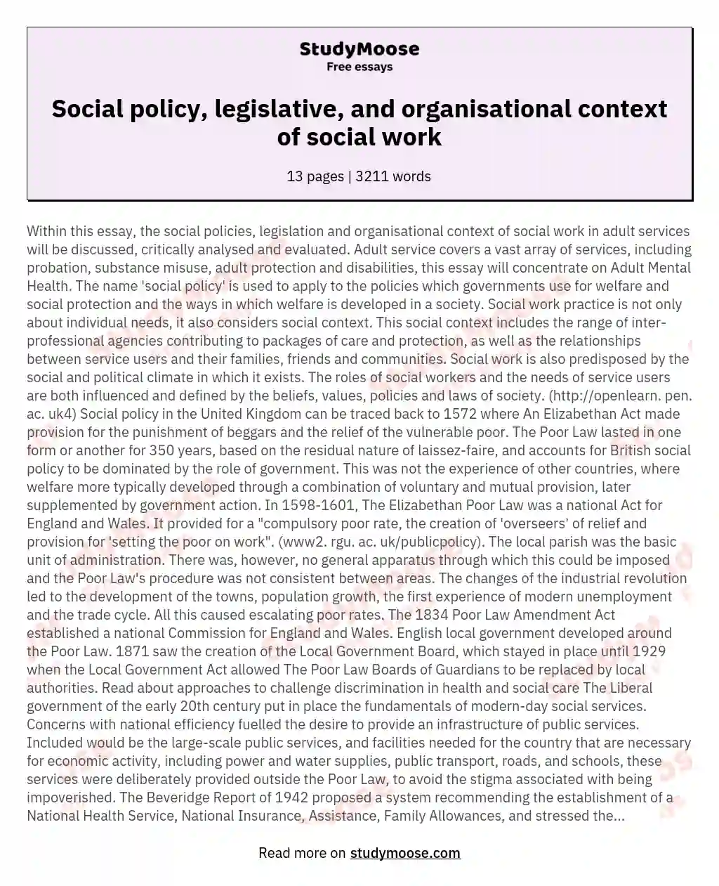 Social policy, legislative, and organisational context of social work essay