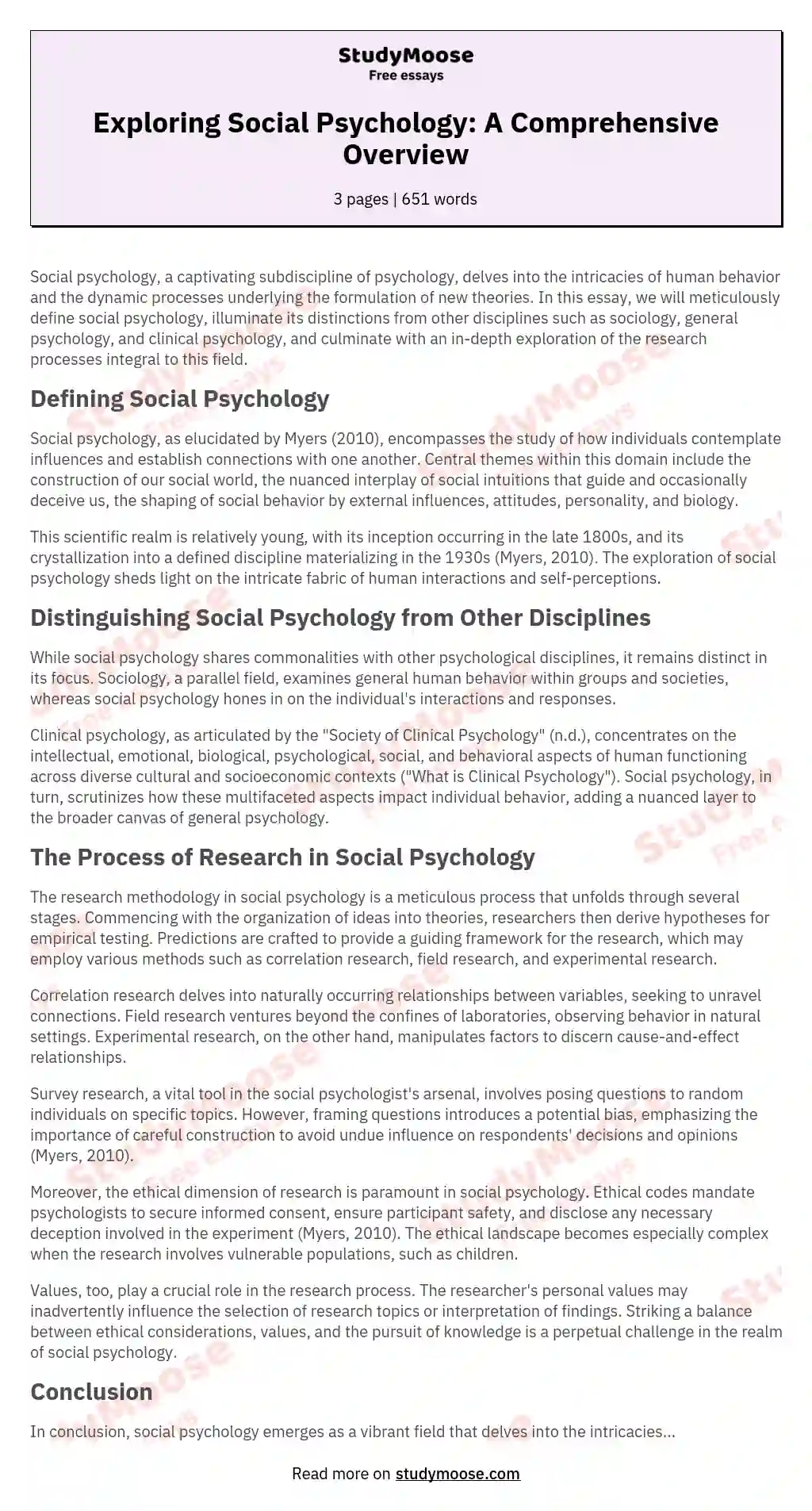 Exploring Social Psychology: A Comprehensive Overview essay