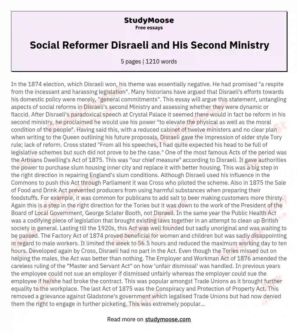 Social Reformer Disraeli and His Second Ministry essay