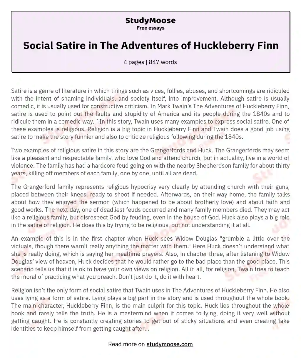 Social Satire in The Adventures of Huckleberry Finn essay