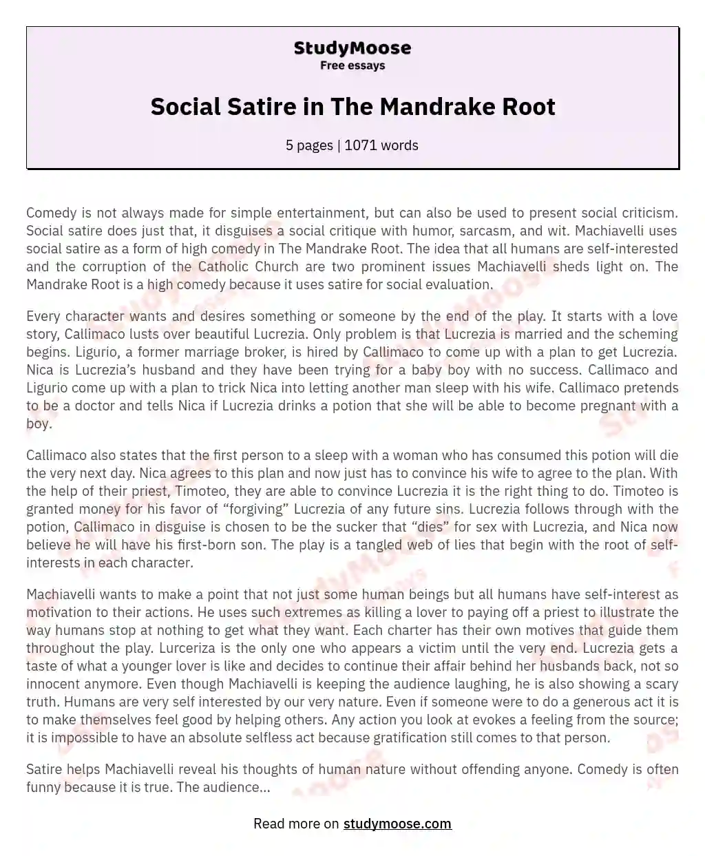 Social Satire in The Mandrake Root essay