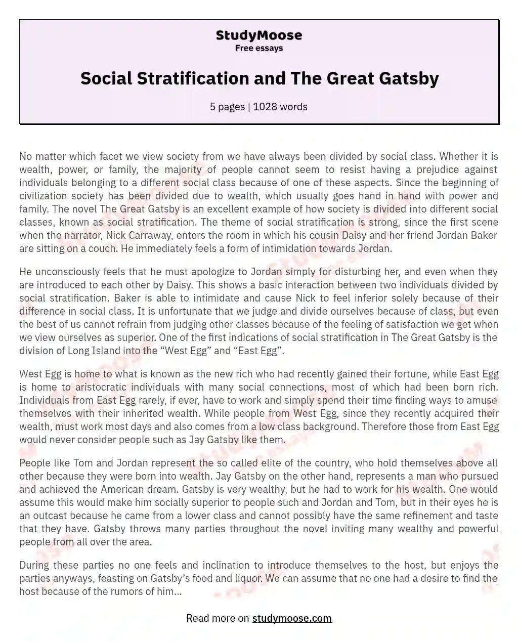 Social Stratification and The Great Gatsby essay