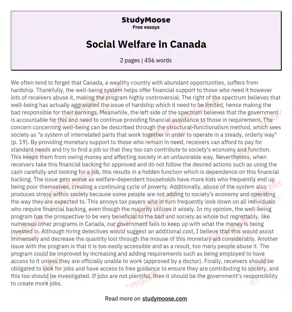 Social Welfare in Canada essay