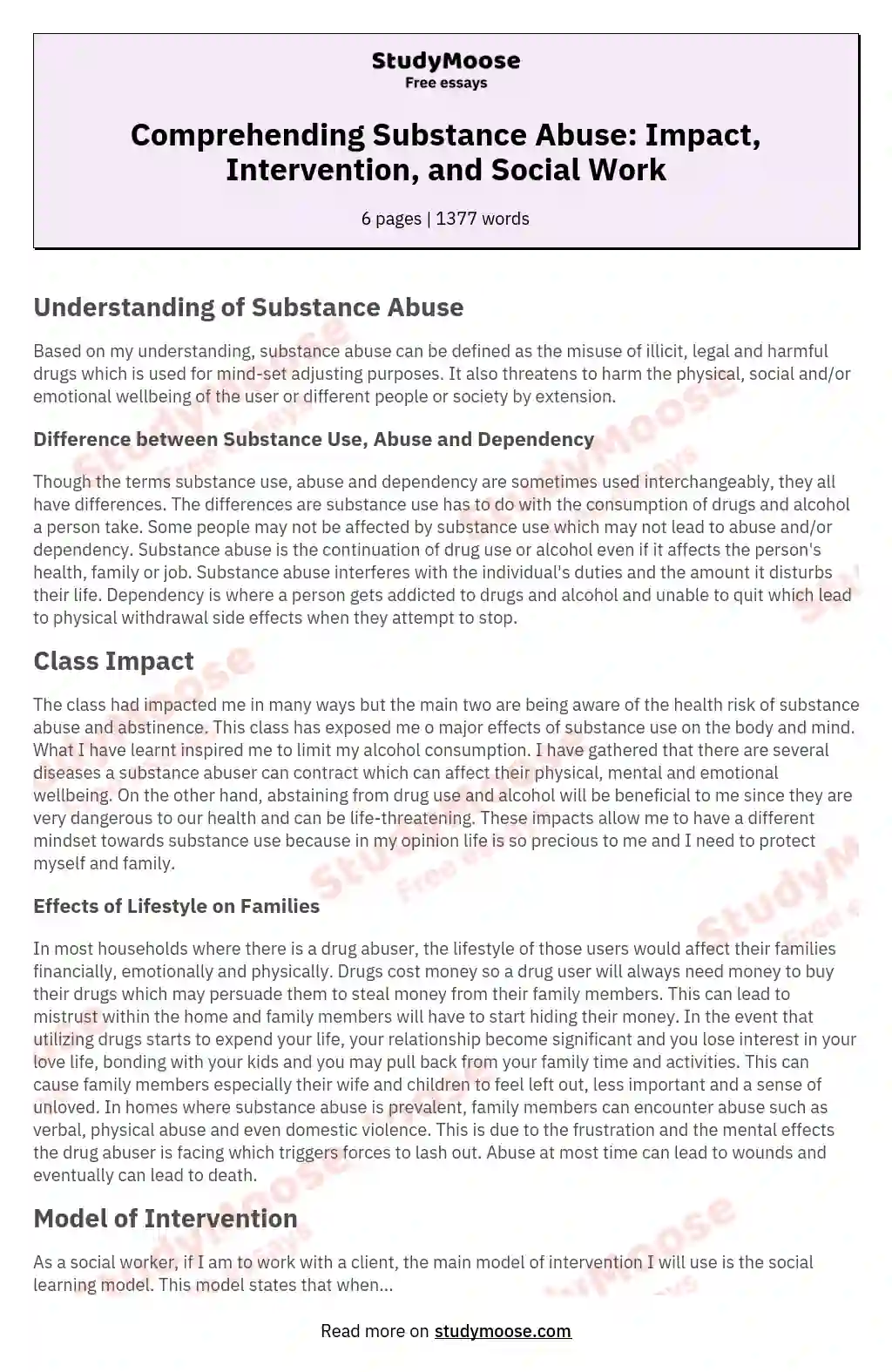 Comprehending Substance Abuse: Impact, Intervention, and Social Work essay