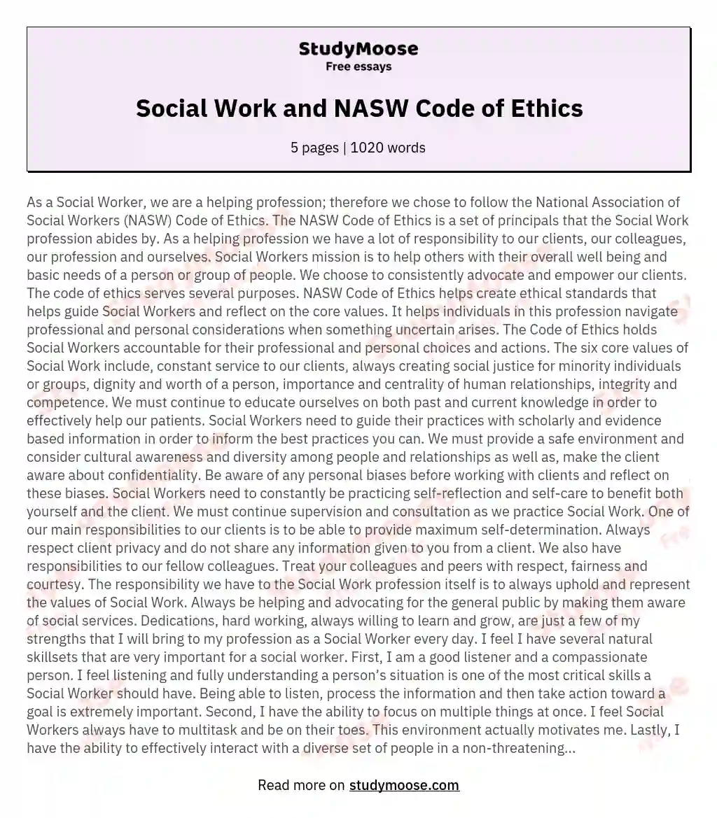 Social Work and NASW Code of Ethics essay
