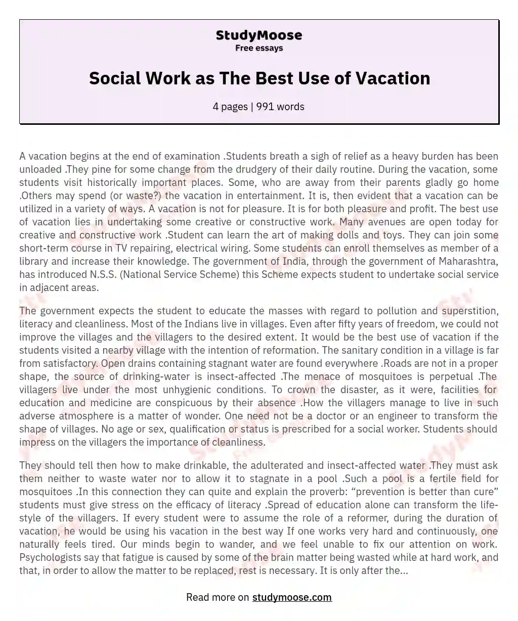Social Work as The Best Use of Vacation essay