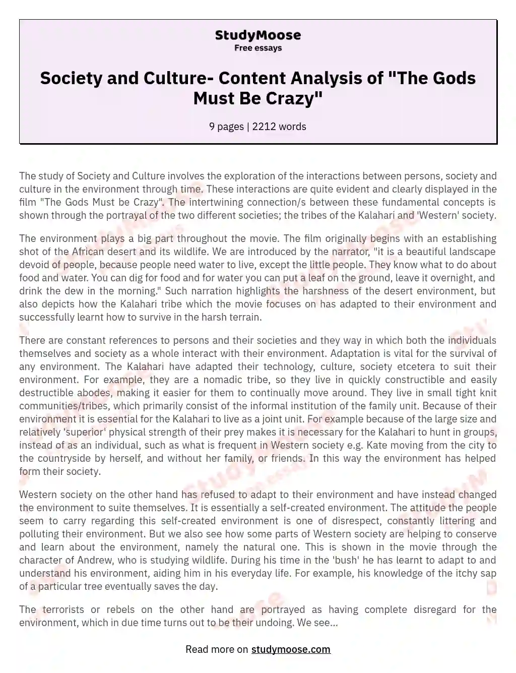 Society and Culture- Content Analysis of "The Gods Must Be Crazy" essay