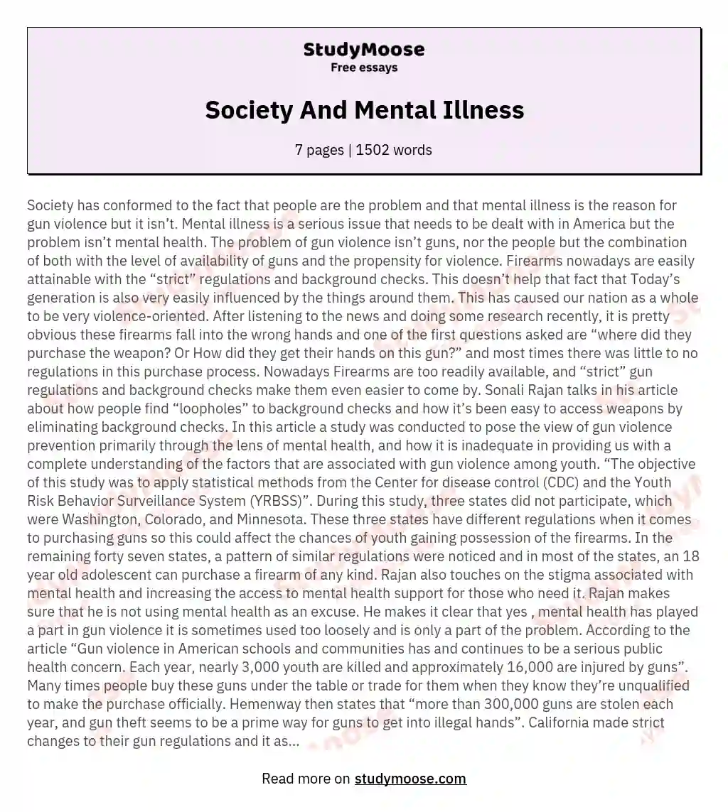 Society And Mental Illness essay