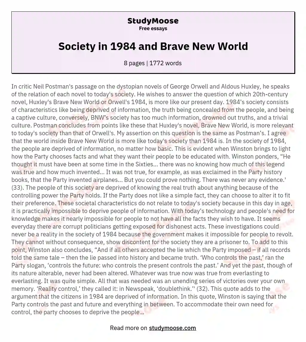 Society in 1984 and Brave New World essay