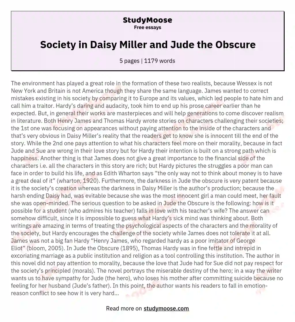 Society in Daisy Miller and Jude the Obscure essay