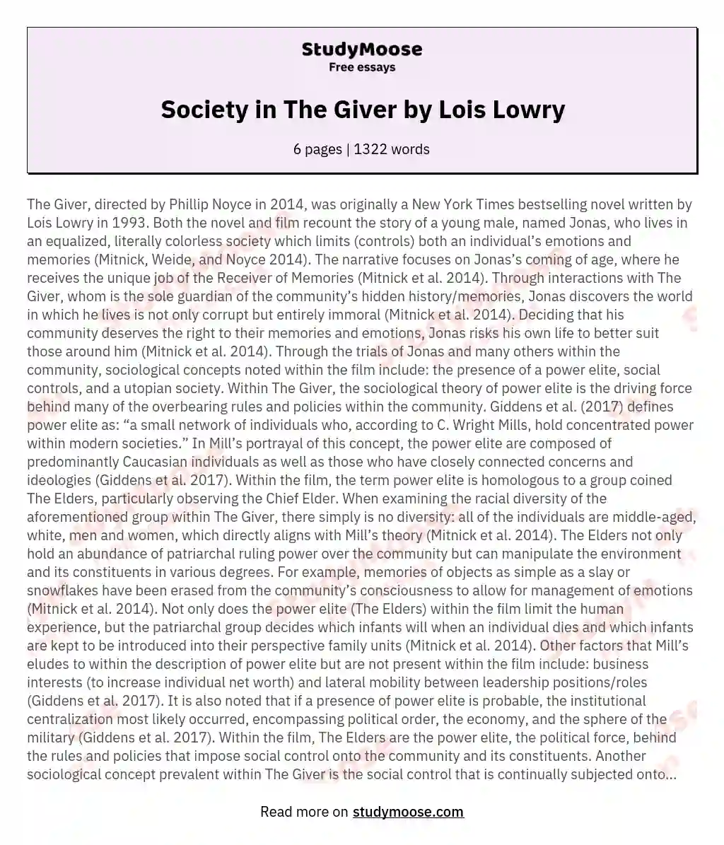 Society in The Giver by Lois Lowry