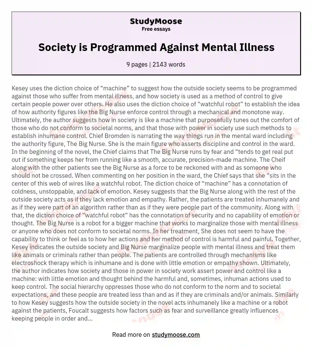 Society is Programmed Against Mental Illness essay