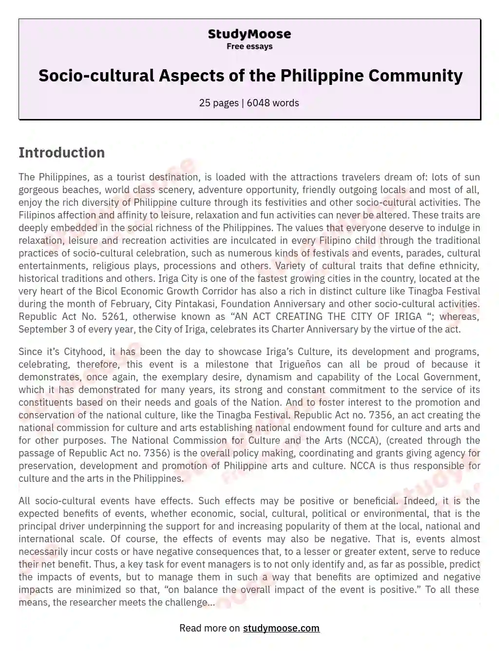 Socio-cultural Aspects of the Philippine Community essay