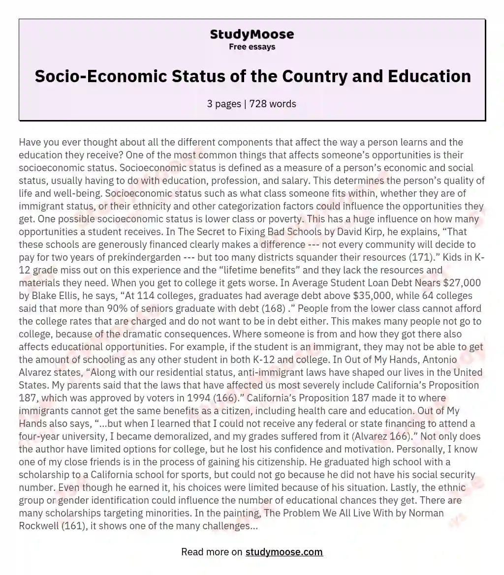 Socio-Economic Status of the Country and Education essay