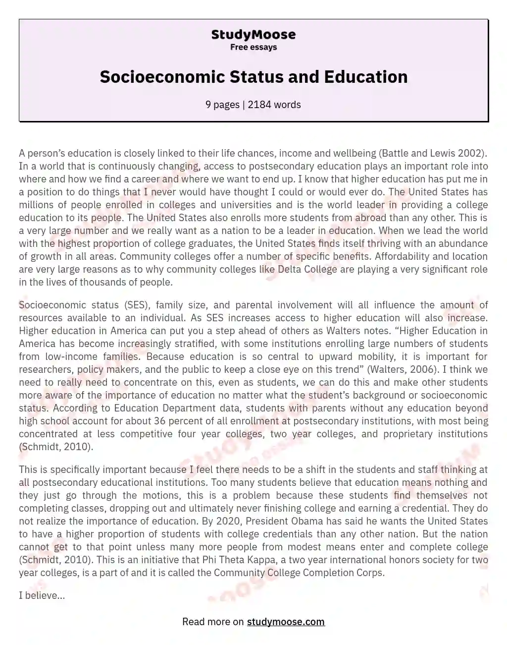 Socioeconomic Status and Education essay