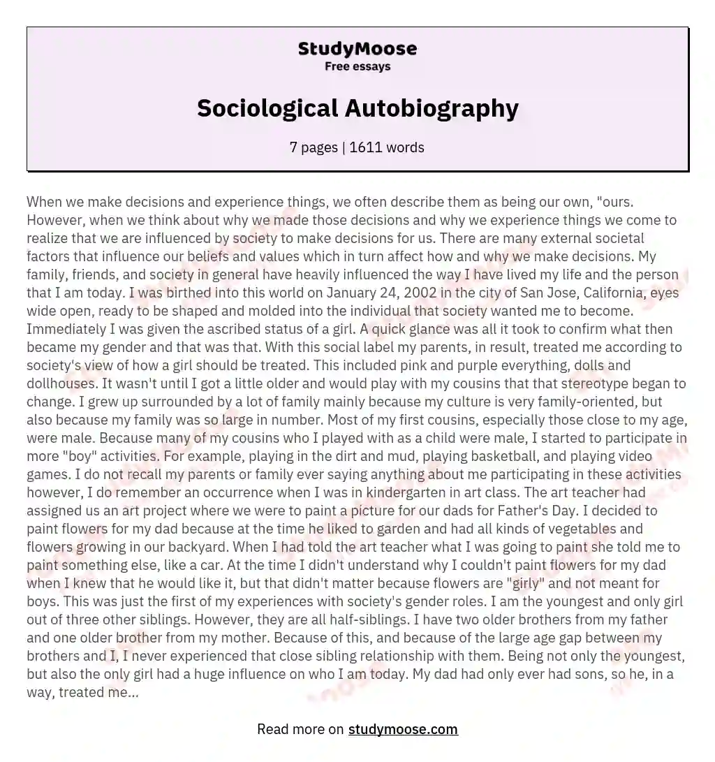 Sociological Autobiography Free Essay Example