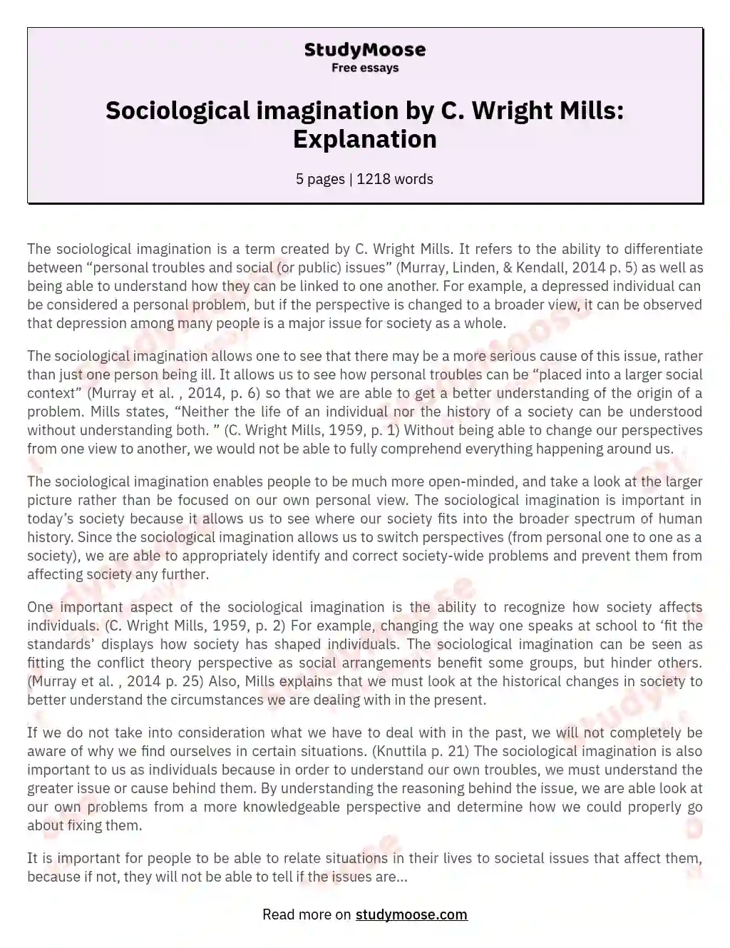 Sociological imagination by C. Wright Mills: Explanation Free Essay Example