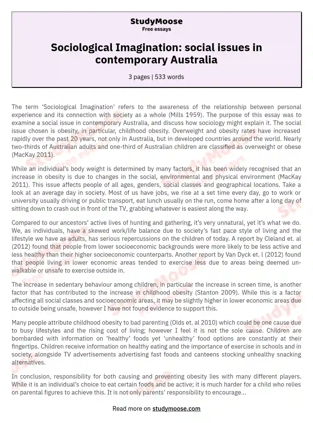 Sociological Imagination: social issues in contemporary Australia essay