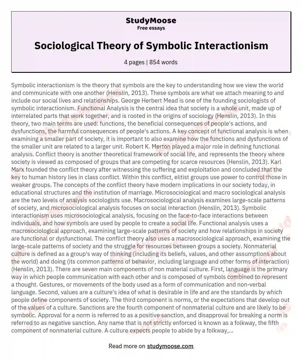 Sociological Theory of Symbolic Interactionism essay