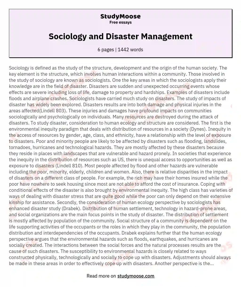 Sociology and Disaster Management essay