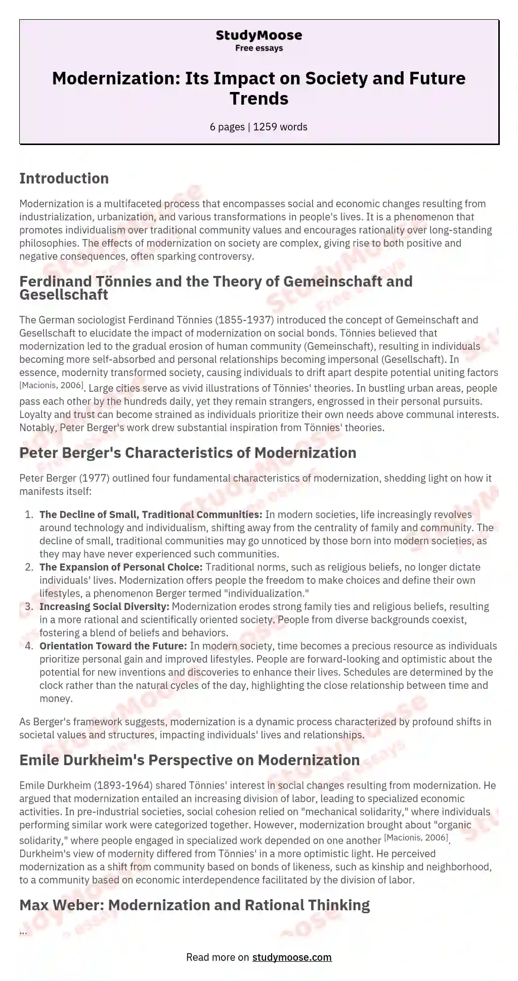 Modernization: Its Impact on Society and Future Trends essay