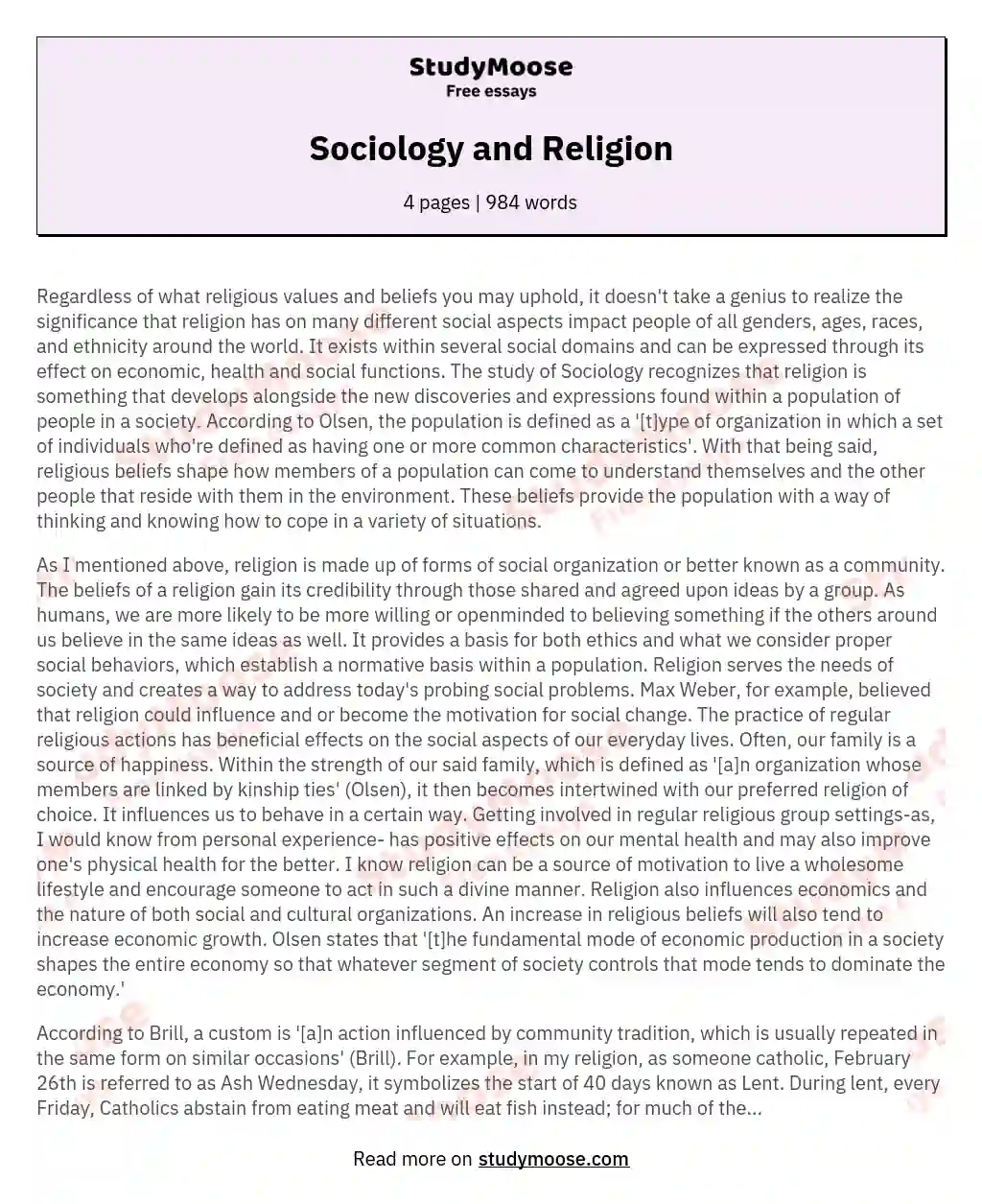 Sociology and Religion essay